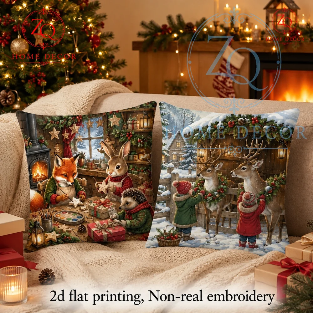 Vintage Christmas est Animal Crafting Throw Pillow Cover Rustic Winter Fox Rabbit Hedgehog Holiday Decor Cushion Case Couch