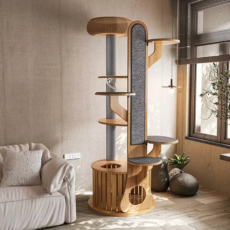 Solid Wooden Multi-Platform Pet Scratching Board with Kraft Paper Rope Pole Sisal Post Rubber Wood Tree Tower for Cats