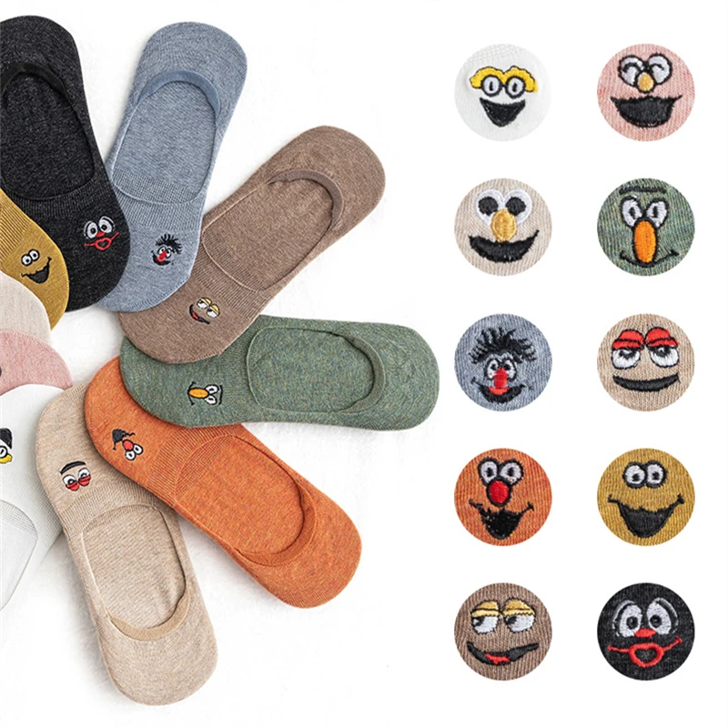 Embroidered Expression Women Invisible Socks Cool Slippers Fashion Summer No-Show Cotton Candy Color Dropship