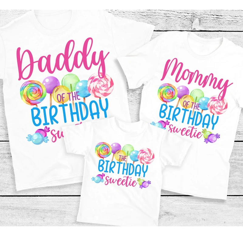 Candy Themed Birthday Family Shirts - Candyland Birthday Girl Lollipop Birthday T Shirt Mommy Daddy Grandma Auntie Hot Pink Blue