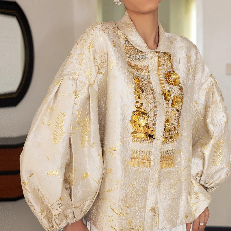 

Retro Artistic Lantern Sve Gold Wealthy Jaet Handmade Beaded Heavy Work Silk Top for Women Autumn Season 2025