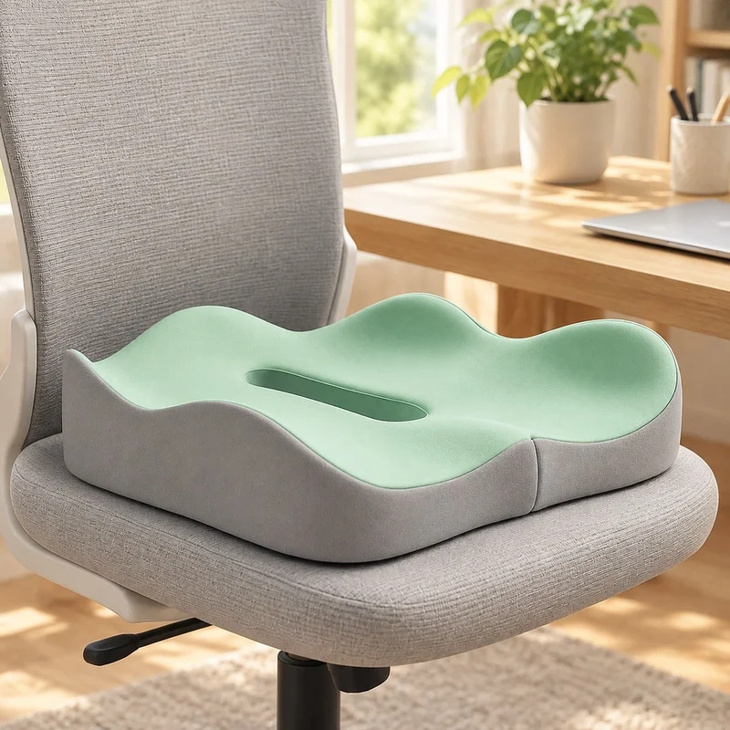 Comfortable 3D Memory Foam Cushion for Car and Office Seating, Removable Polyester Cover, Light Green & Grey