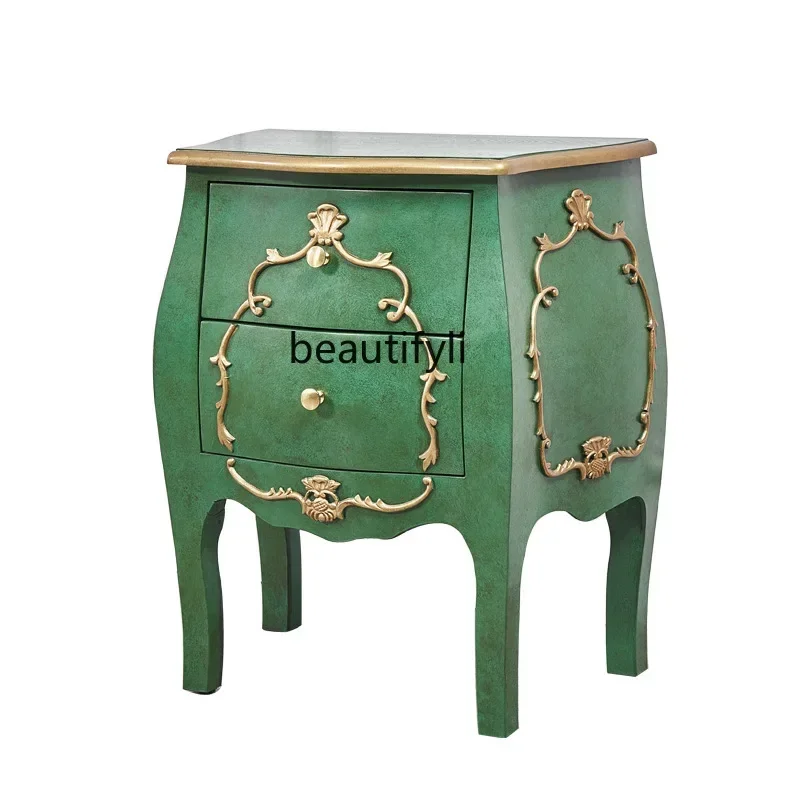 yj58 American Retro Bedside Table Bedroom Nightstand Living Room Sofa Side Table Two-Drawer Cabinet