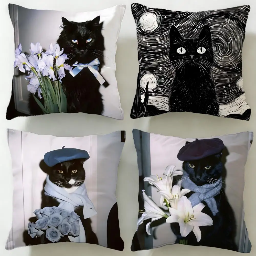 Klassischer Kissenbezug mit schwarzer Katze, weicher und leicht zu waschender Kissenbezug – vielseitig einsetzbar für Couch, Bett, Reisen und Büro