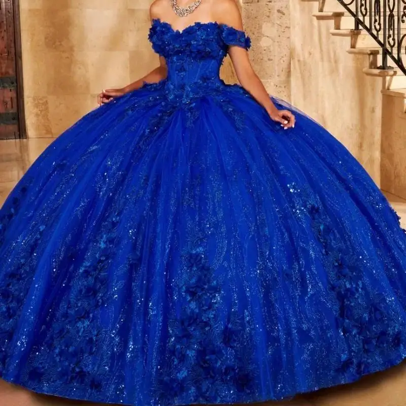 

Royal Blue Shiny Ball Gown Quinceanera Dresses Off the Shoulder Sequin Applique Flower Crystal Tull Party Birthday Customized