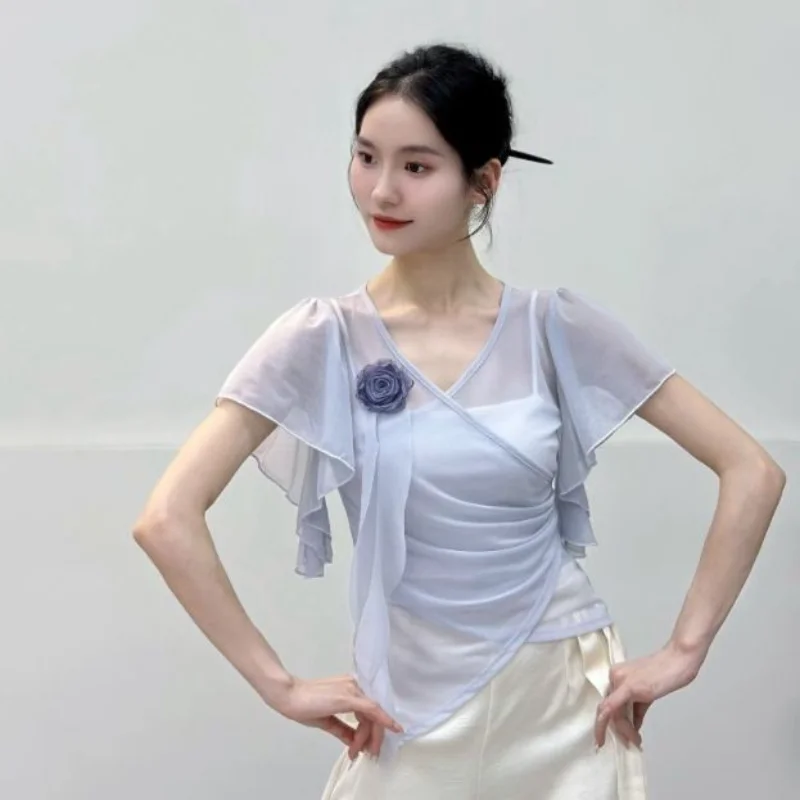 

Классический танцевальный костюм: женская сетчатая блузка «Цветочная фея», униформа для тренировок, одежда для выступлений на сцене, 100% полиэстер