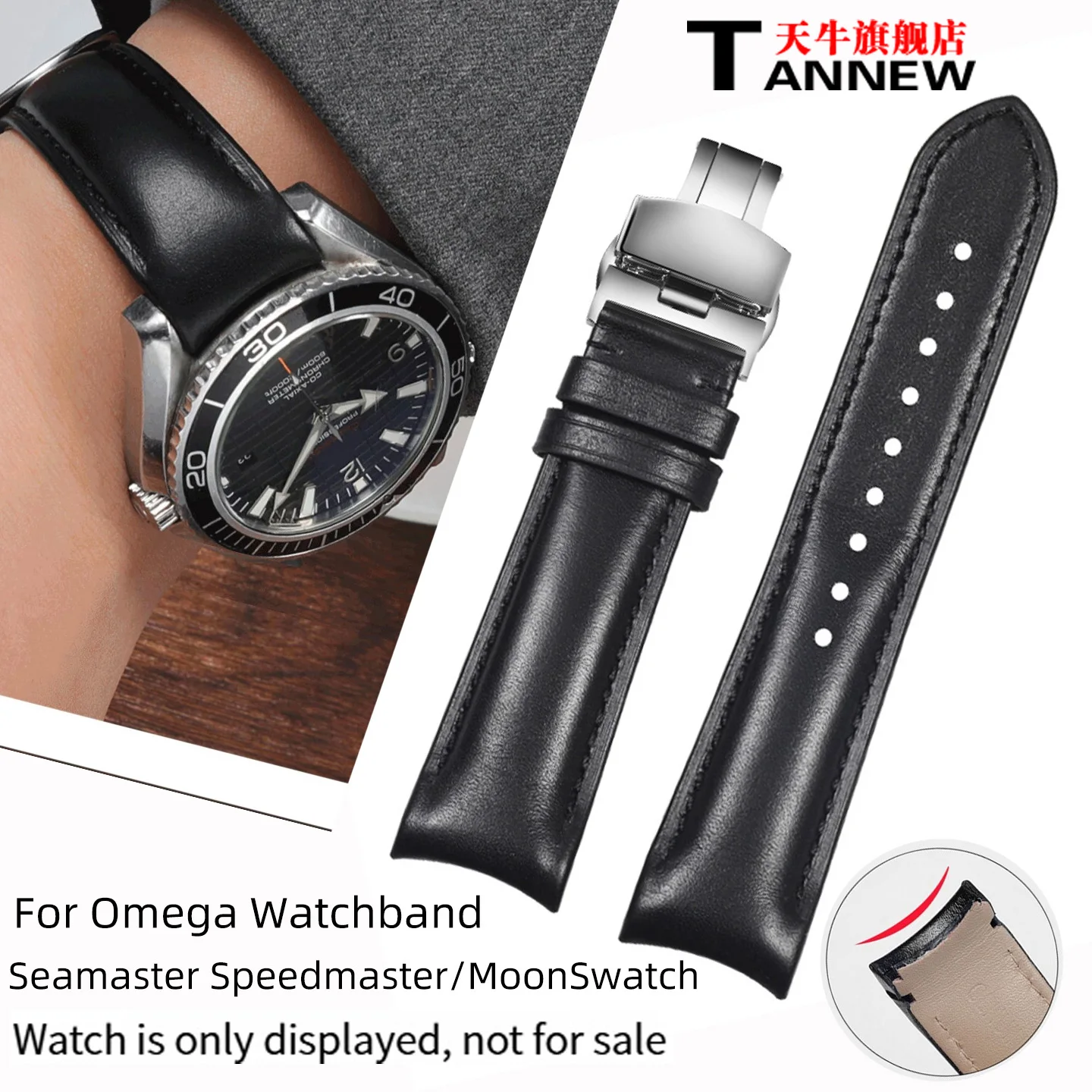 Image of Lederarmband mit gebogenem Ende für Omega MoonSwatch Seamaster Speedmaster, 20-mm-Release, echtes Lederarmband-Zubehör