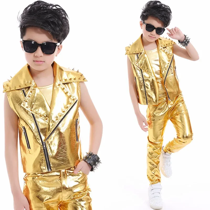 

Children Jazz Boys Stage Gold Costume Rivet Jacket Vest Pants Street Dance Outfit Hiphop Modern Catwalk Singer Clothing DNV14069