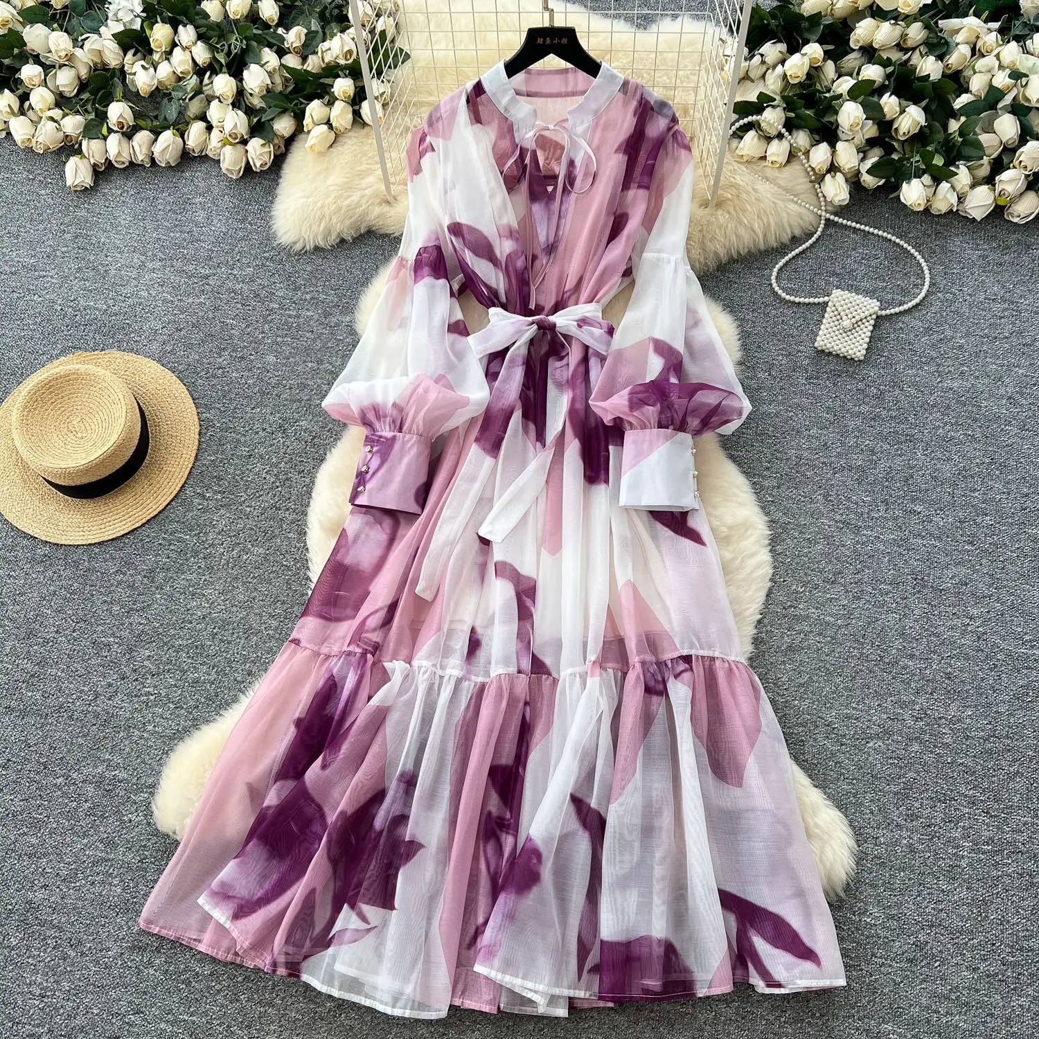 

Long Dress Women Dresses A Line Vestidos Lantern Sleeve Elegant Party Y2k Streetwear High Waist Lace Up Work Beach Summer 2025