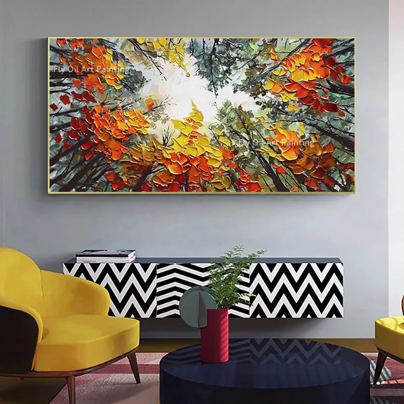 Orange Yellow Tree Landscape Thick Canvas Wall Art Handmade Autumn Forest Oil Painting Oirginal Artwork For Living Room Decor