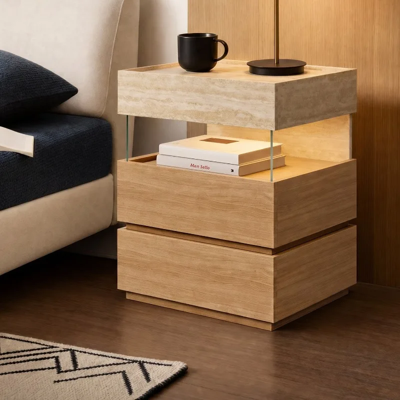 Suspended glass bedside table with lamp Italian minimalist travertine countertop bedroom solid wood storage cabinet