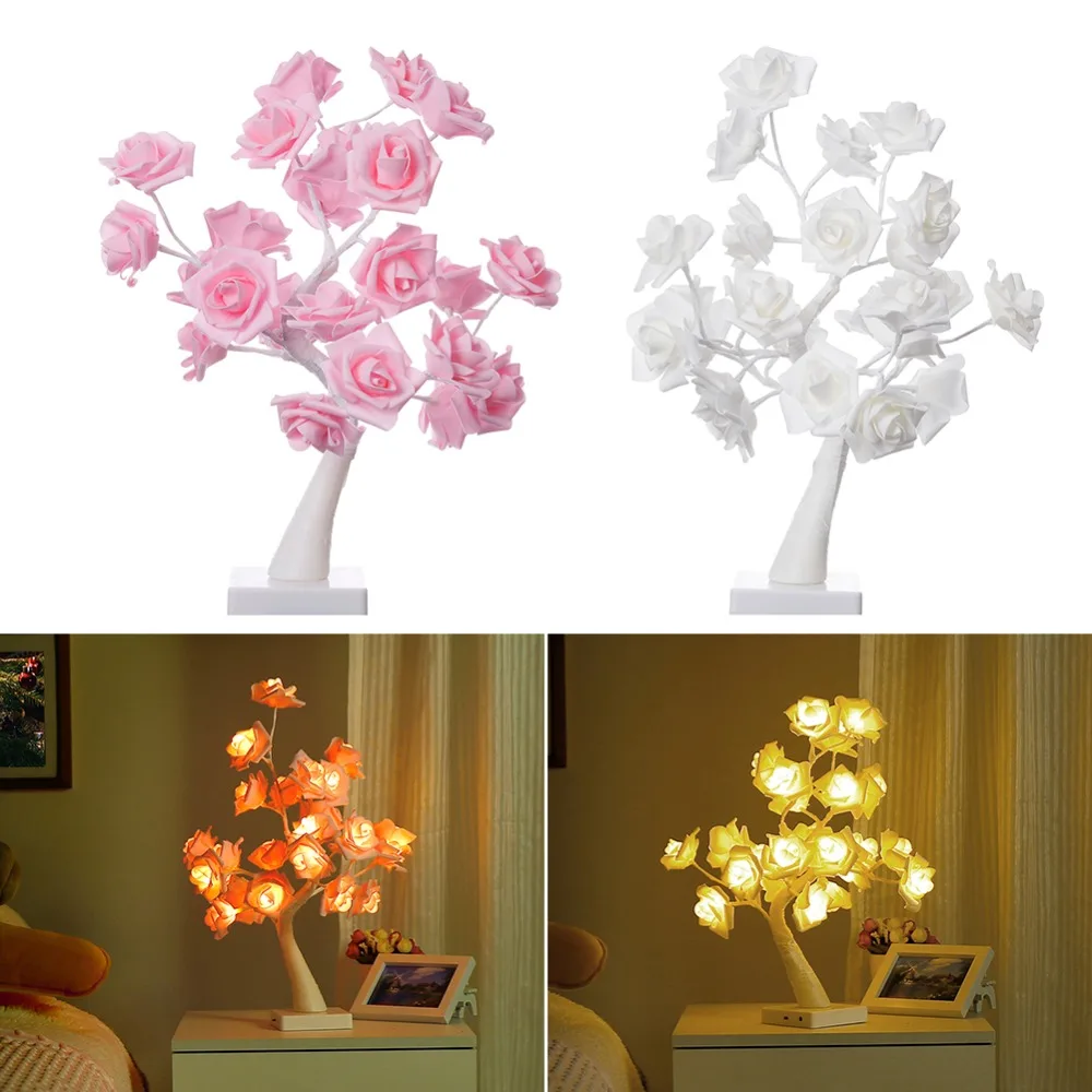 

24LED Rose Flower Tree Lights Battery/USB Table Lamp Desktop Ornament Bedside Night Light For Christmas Party Bedroom Decoration