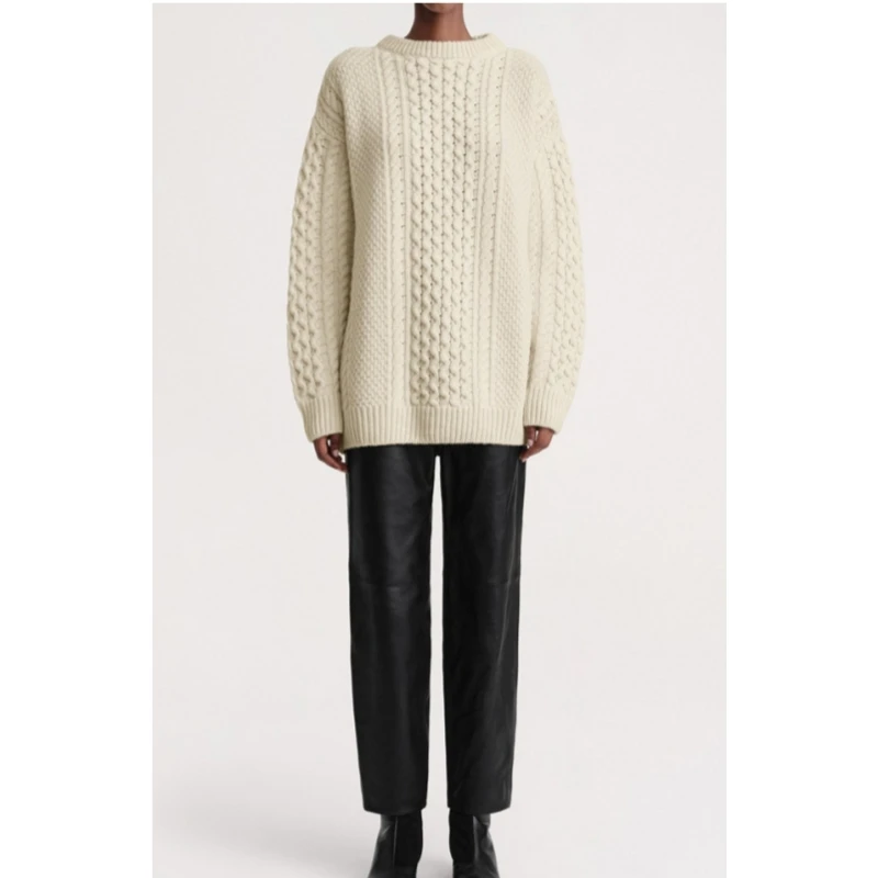 

2025 Autumn/Winter New Women's Nordic Style Long Sleeve Loose Round Neck Knitted Sweater with Twisted Flowers