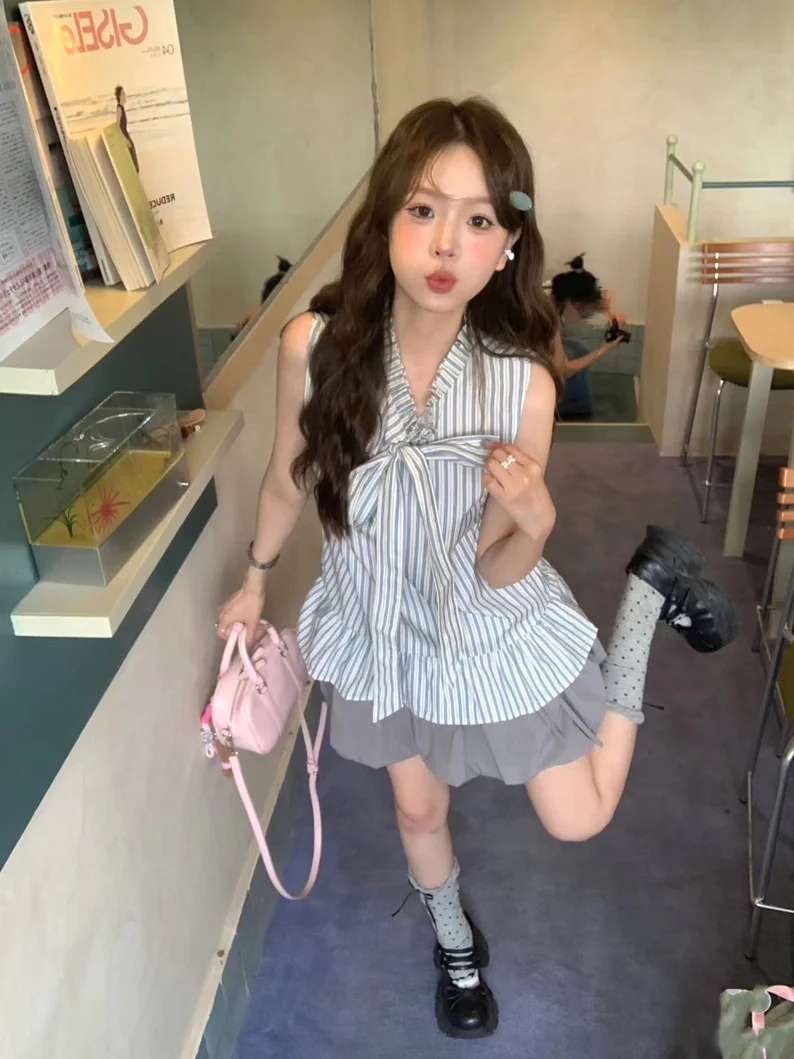 

Retro Striped Knot Sleeveless High Waist Floral Half Skirt Two Piece Set Women's Summer Fashion Ensemble