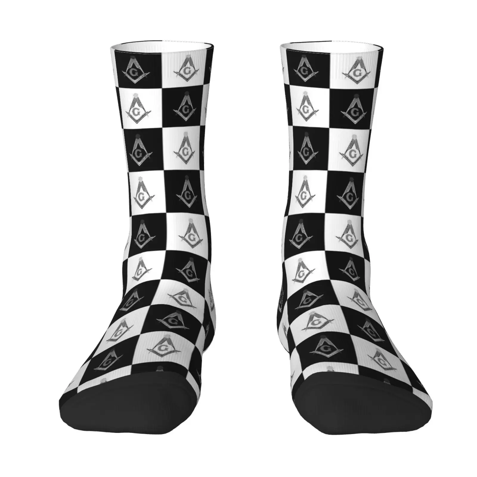 Masonic Checkered Crew Socks Black White Freemason Square Compass Symbol Print Casual Socks Breathable Comfortable Sock