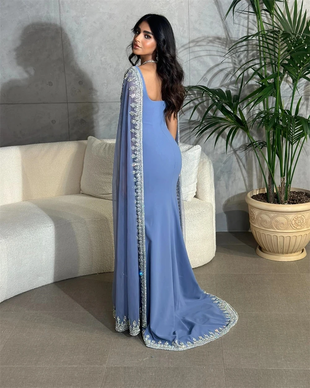 Aenyrst-Vestidos de Fiesta de sirena cuadrados elegantes con cremallera, manga de casquillo, Arabia Saudita con chal, vestidos de noche formales