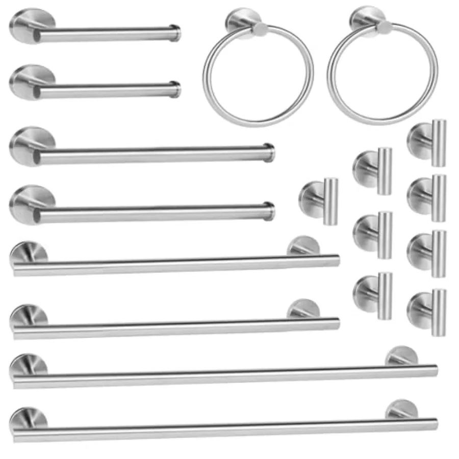 

Bathroom hardware set: brushed nickel, silver, corrosion-resistant 18-piece set including 24-inch towel bar, rack, ring, paper
