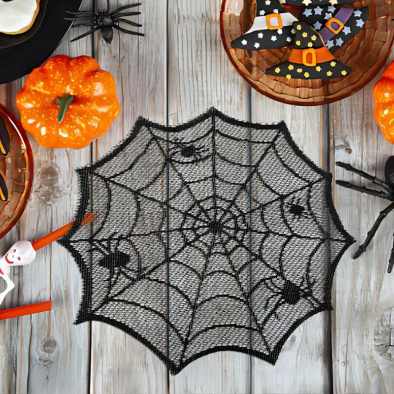 4/6Pcs Black Lace Polyester Placemats, Halloween Round Table Decoration Napkin Cloths, Western Style Home Decor Gift