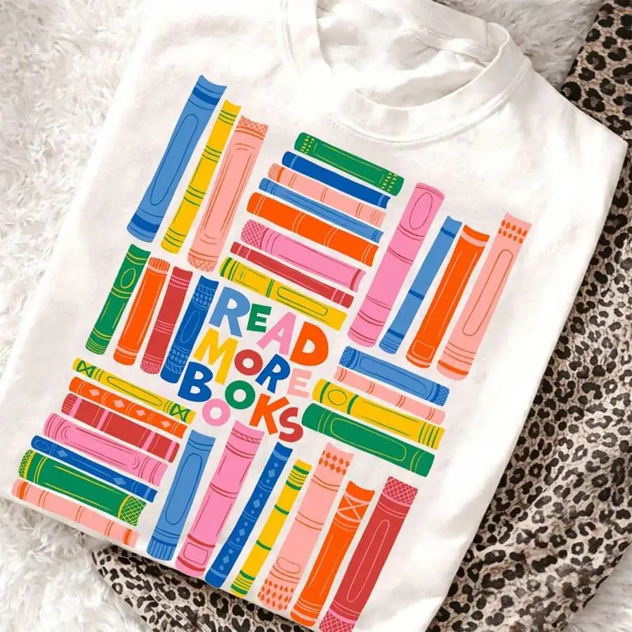 Book Lover T Shirt Women Colorful Stacked Books Graphic Tee  Bookish Gift Top Cute Librarian Bookworm Tshirt Aesthetic Loose Fit Drop Shoulder view 5