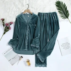 2PCS Velvet Pajamas Set For Women Winter Warm Pyjama Sexy Female Velor V-neck Lace Homewear Autumn New Long Pant Pijamas Suit