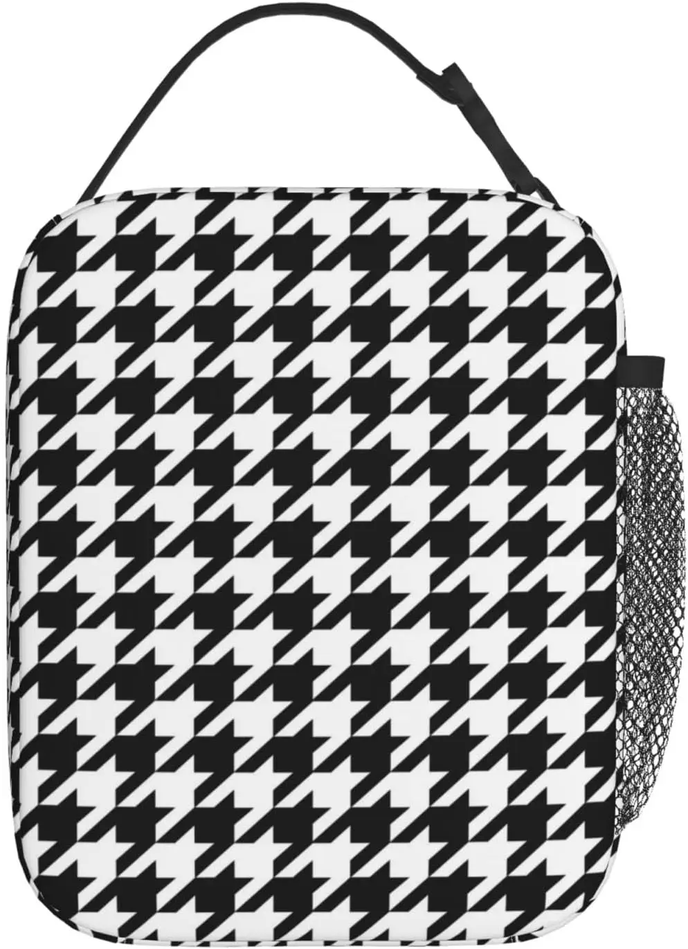 Black and White Houndstooth Lunch Bag Thermal Tote Meal Bag Reusable Insulated Portable Lunch Box Handbags for Work Picnic