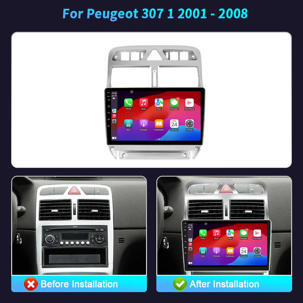 

Android 14 Radio Car Multimedia Player 7862 8+256 radio Touch 2K QLED Screen For Peugeot 307 1 2001 - 2008 Wireless BT CarPlay