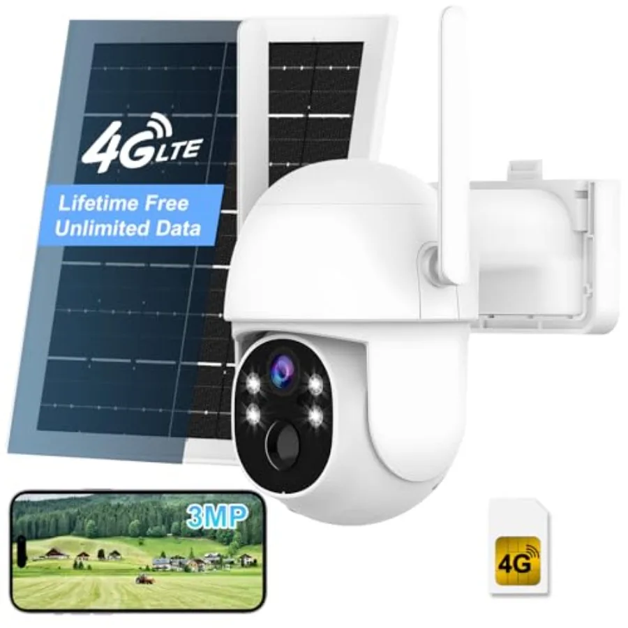 

Outdoor security camera system with 4G LTE, solar-powered wireless design, black color, lifetime free unlimited data, 360 live