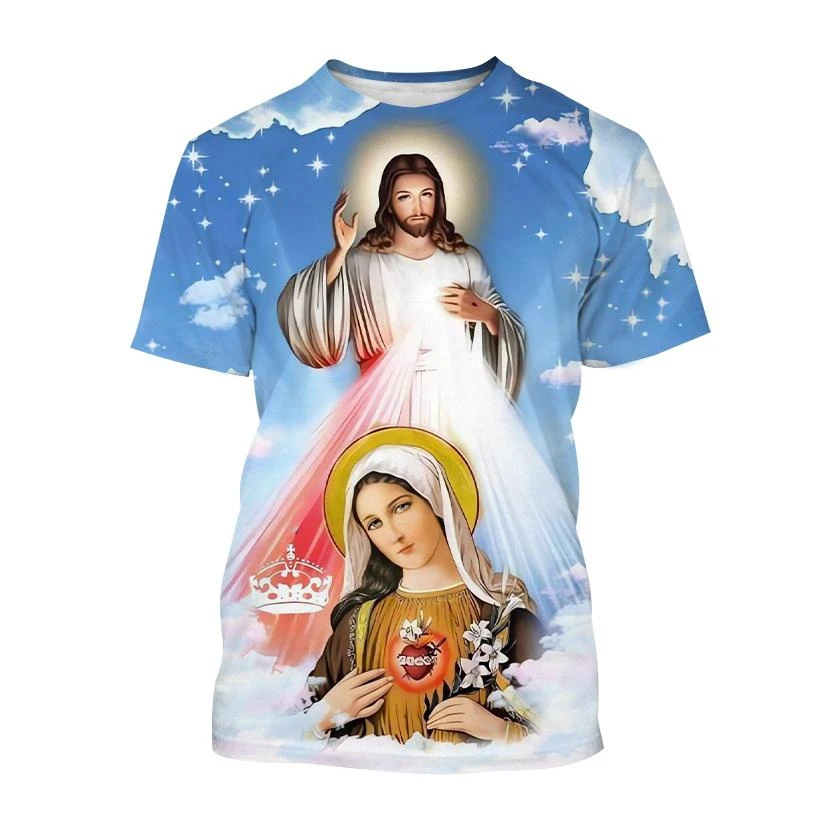 Hot Sale Christian Mother of God Virgin Mary 3D Print T-Shirt Jesus Cross God Cross Jesus Loves All Christian Unisex Casual Top