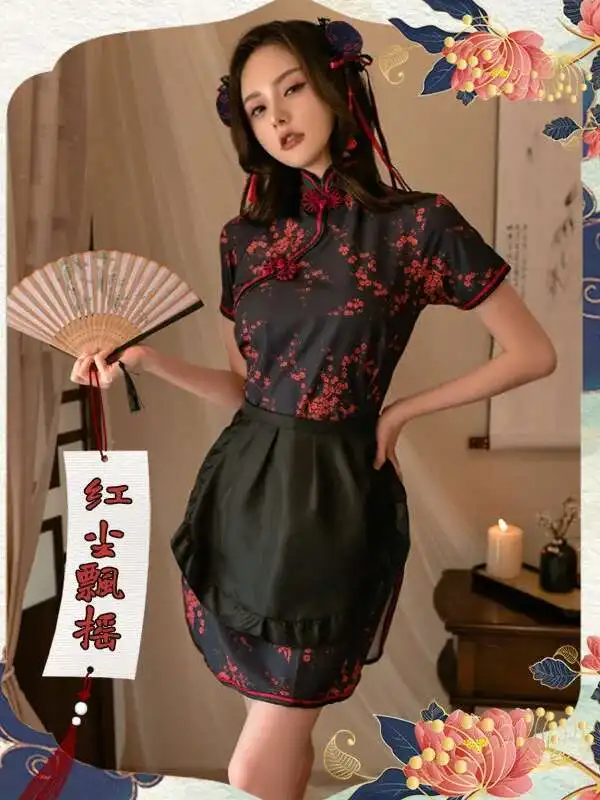 Sexy Short Cheongsam Sleeves Printing Package Hip Dresses Chinese Style Cheongsam Soft Girl Dress Vintage Fashion Charming Y0DC
