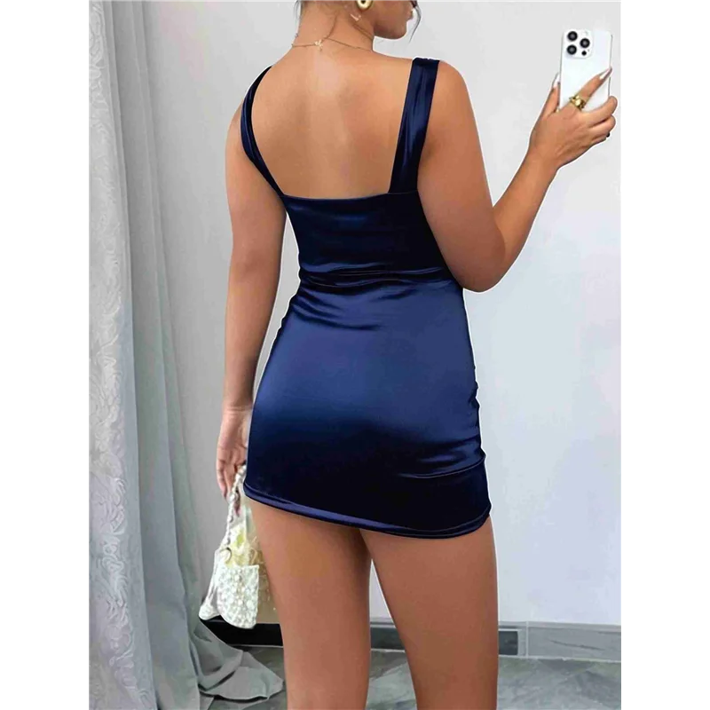 Women's Satin Sleeveless Backless Mini Dress Slip Wrinkles Silky Cocktail Party Dresses