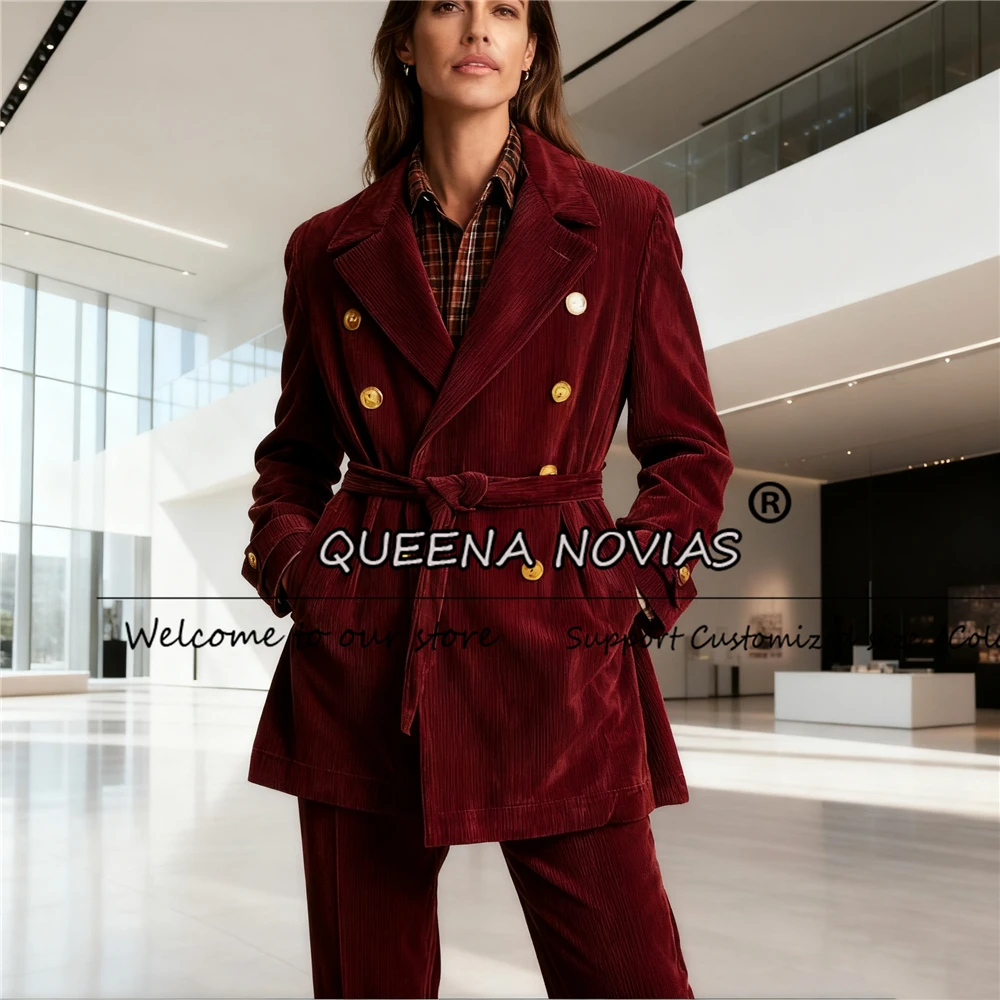 Vintage Burgundy Corduroy Suits Women 2 Pieces Jacket Pants Customized Ladies Business Office Party Prom Blazers Female Tuxedos