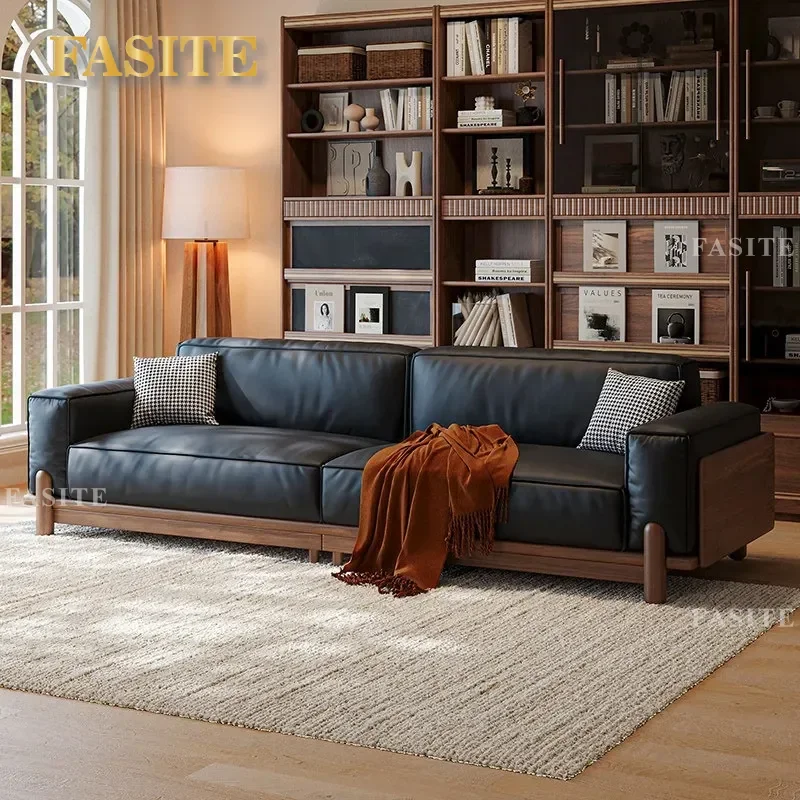 For New Chinese Style North American Black Walnut Living Room Straight Row Sofa Antique Solid Wood Leather Art Three Seater