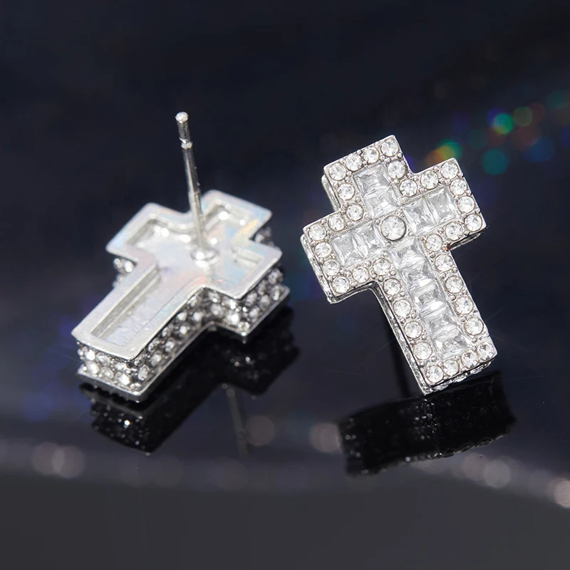 Luxury Punk Cross Earrings for Men Iced Out Zirconia Hiphop Stud Earring Gold Color Women\'s Accessories Fashion Jewellery