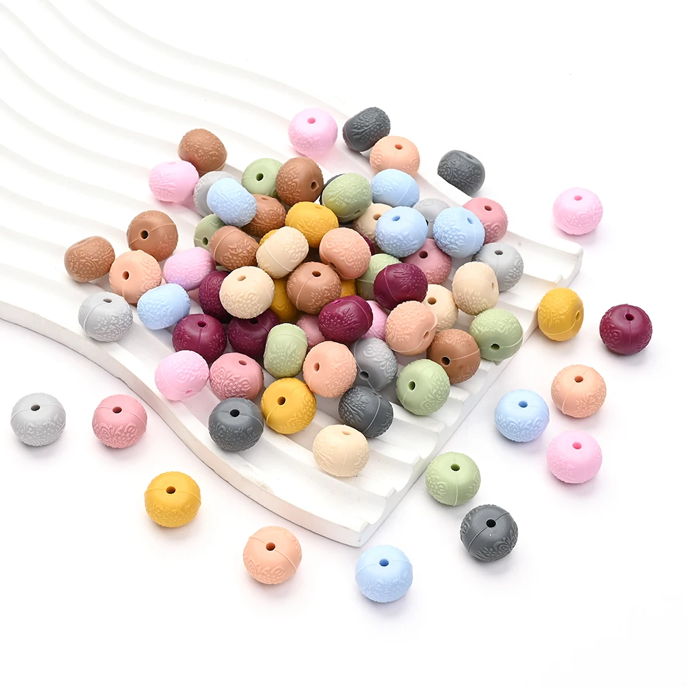 5Pcs Embossed Flat Round Silicone Beads Creative Wheel Beads for Diy Crafts Jewelry Making Bracelet Phone Chain Accessories