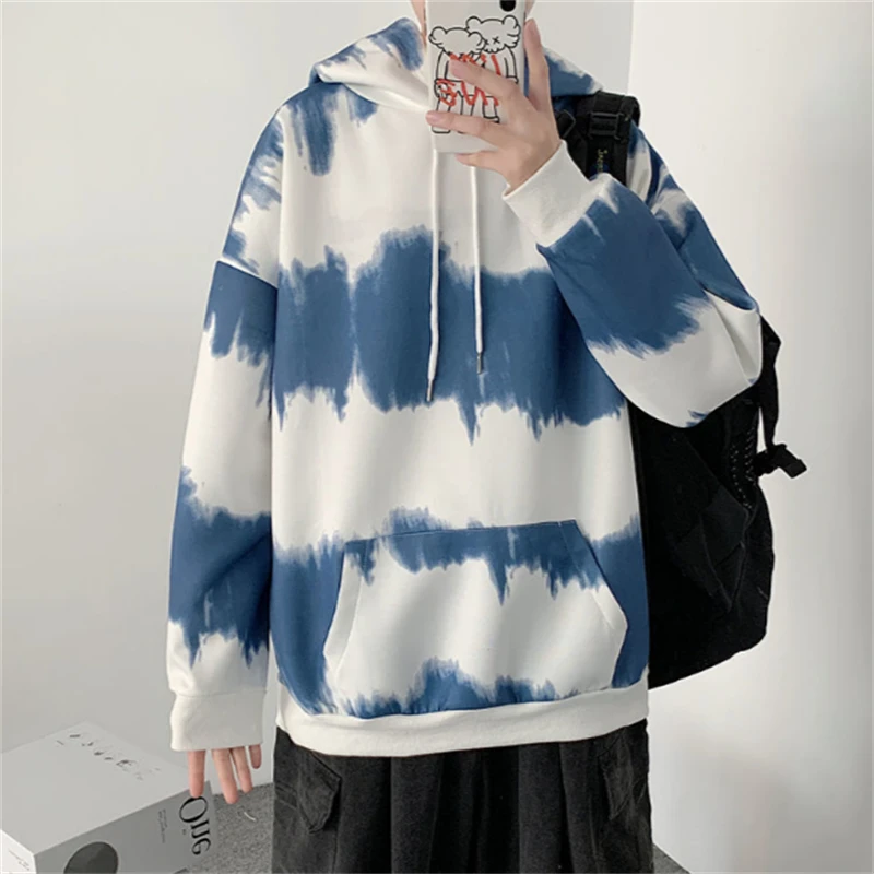 Spring Autumn Men Hooded Sweatshirt Loose Pullover Casual Fashion Tie Dyeing Printing Sweatshirt Tops