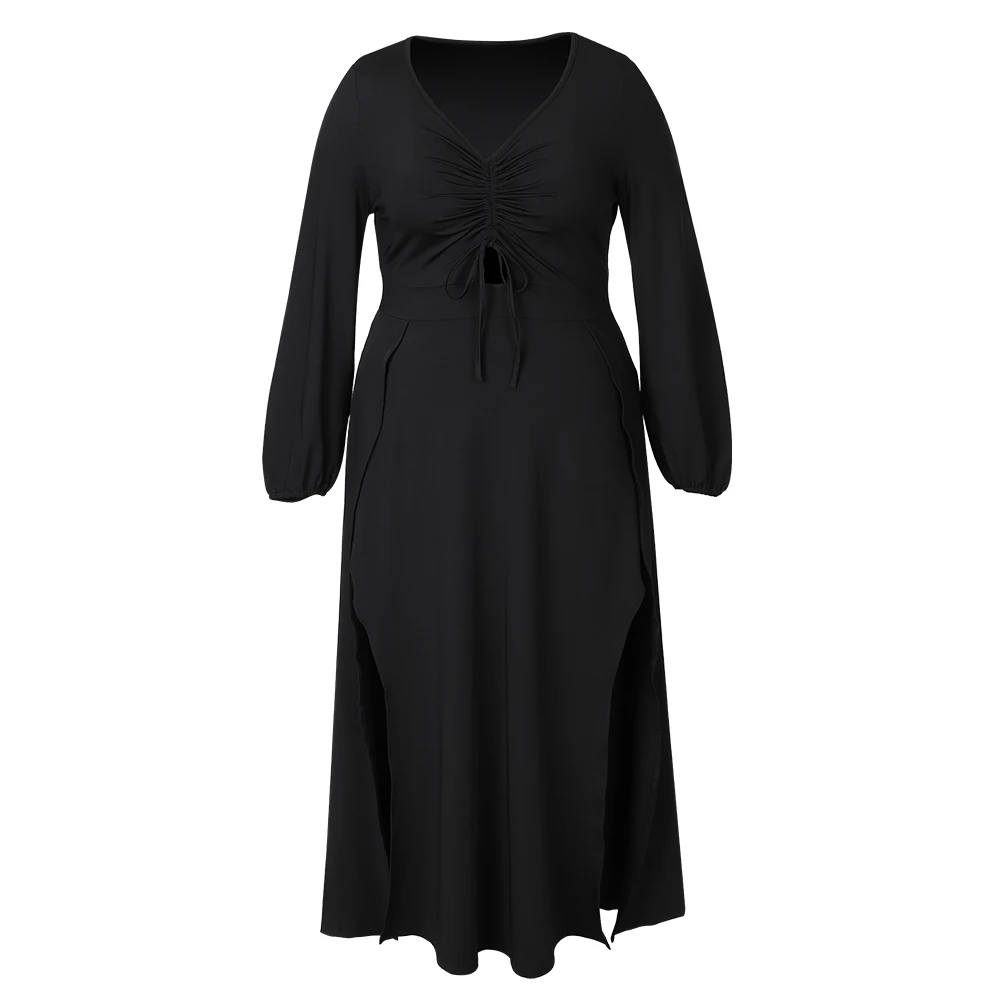 1XL-5XL Plus Size Dresses for Women 2024 Long Sleeve Sexy Split Chic Elegant Oversize Dress Female Black Party Evening Dresses