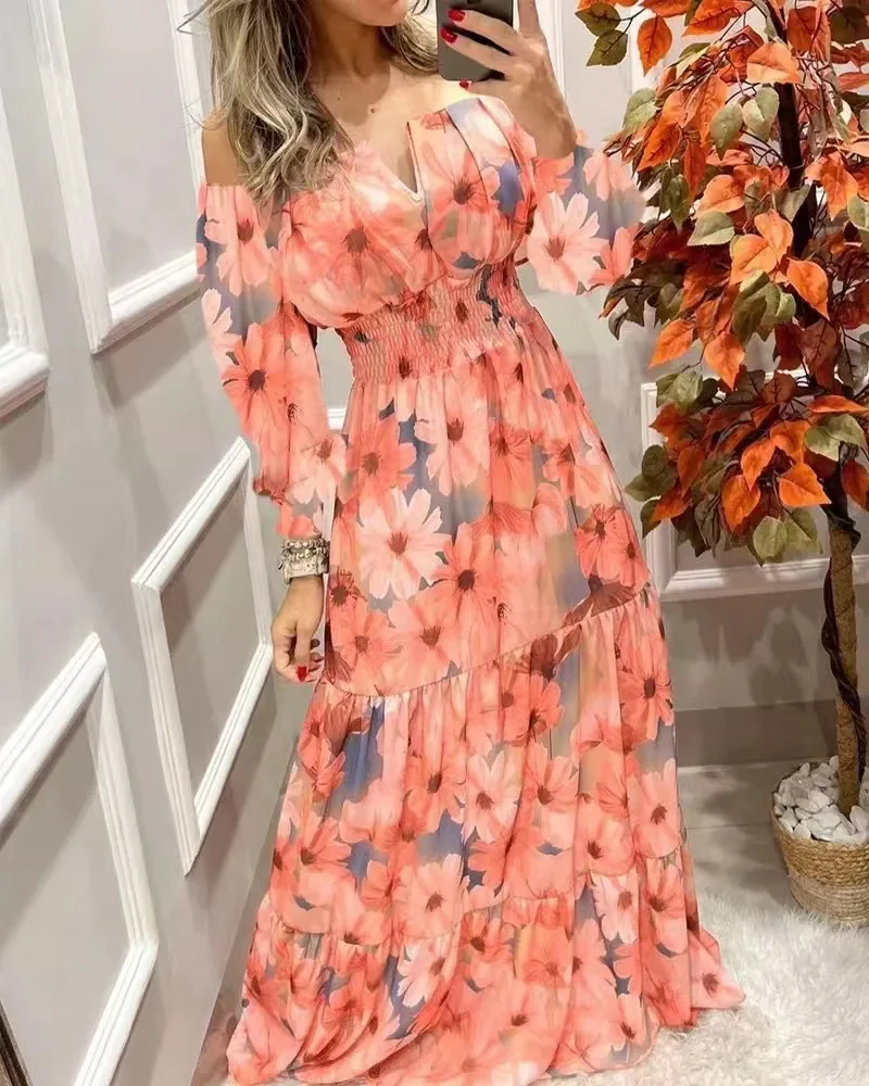 Women\'s Dresses 2022 Summer Vintage Print Off The Shoulder Casual V Neck Long Sleeved Waist Slim Maxi Dress