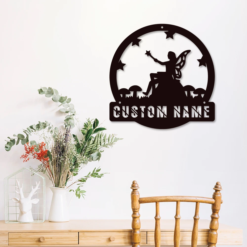 

1pc hot sale The fairy sitting on a hill in the clock Customized Name Metal Wall Signs Tin Wall Plaque For Kids Rooms Decor