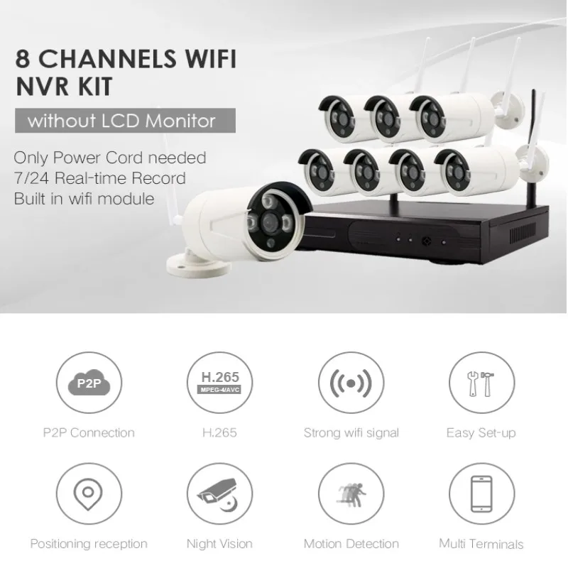 8CH 960P Wireless NVR CCTV Security System 1.3MP IR Outdoor Waterproof Camera Wifi NVR Kit P2P Video Security Surveillance Set