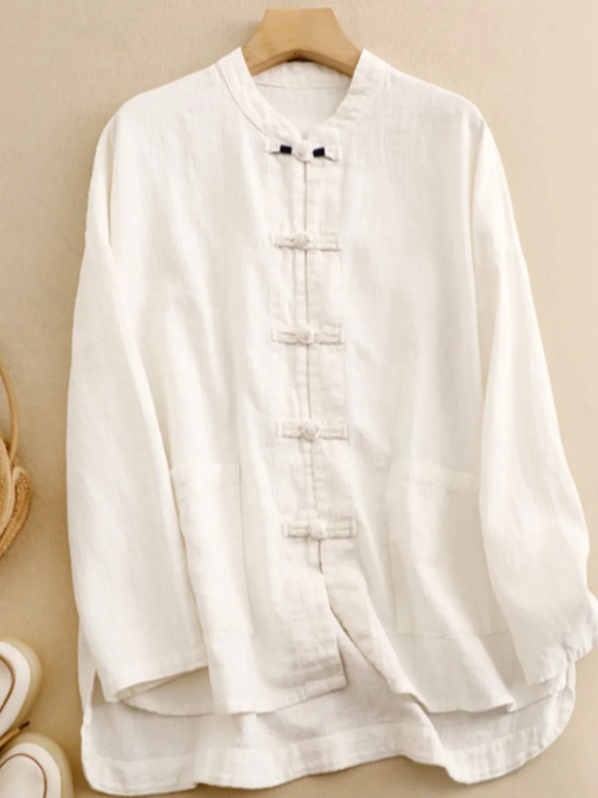 Однотонная рубашка рами в стиле ретро с китайской пряжкой, женская нерегулярная одежда для чая в стиле дзен, весенний топ из хлопка и льна