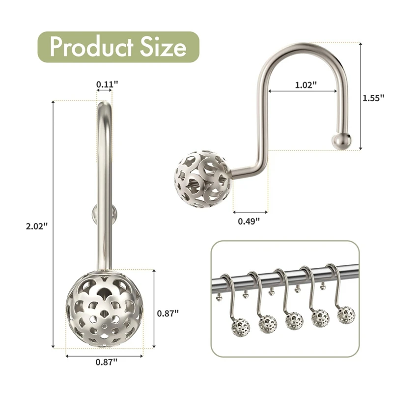 Hot 12Pcs Shower Curtain Hooks,Metal Decorative Shower Curtain Hooks Rust Proof,Nickel Shower Hooks For Shower Curtain Liner