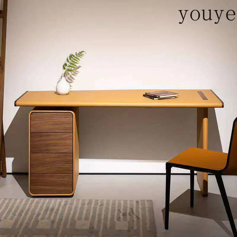 

Italian minimalist desk study light luxury living room solid wood walnut color computer saddle leather boss desk