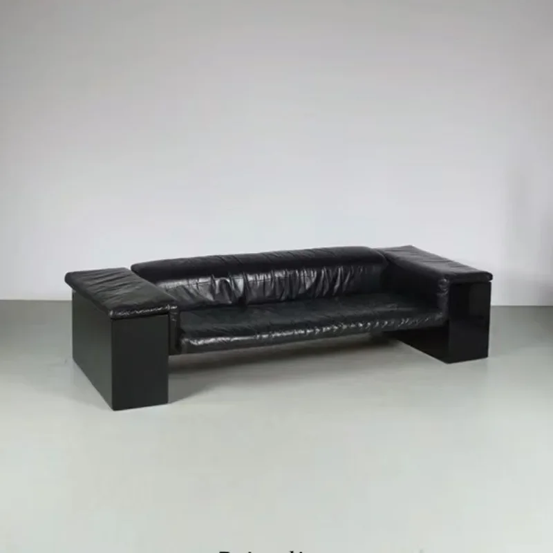 Medieval Minimalist Black Microfiber Leather 1980s American Brigadier Model Straight Row Sofa