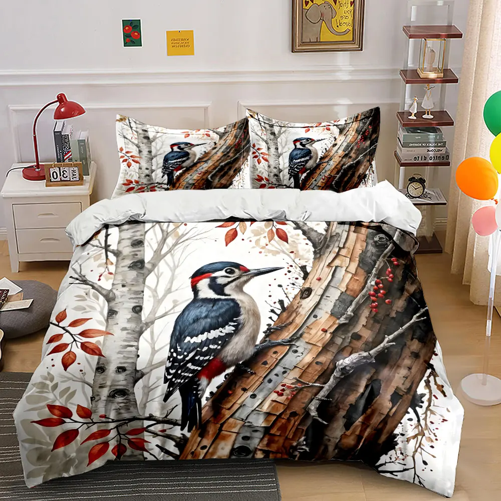 Woodpecker perched on autumn tree Pattern Duvet Cover Set Digital Print Colorful Polyester Bedding with Zipper Closur for gifts