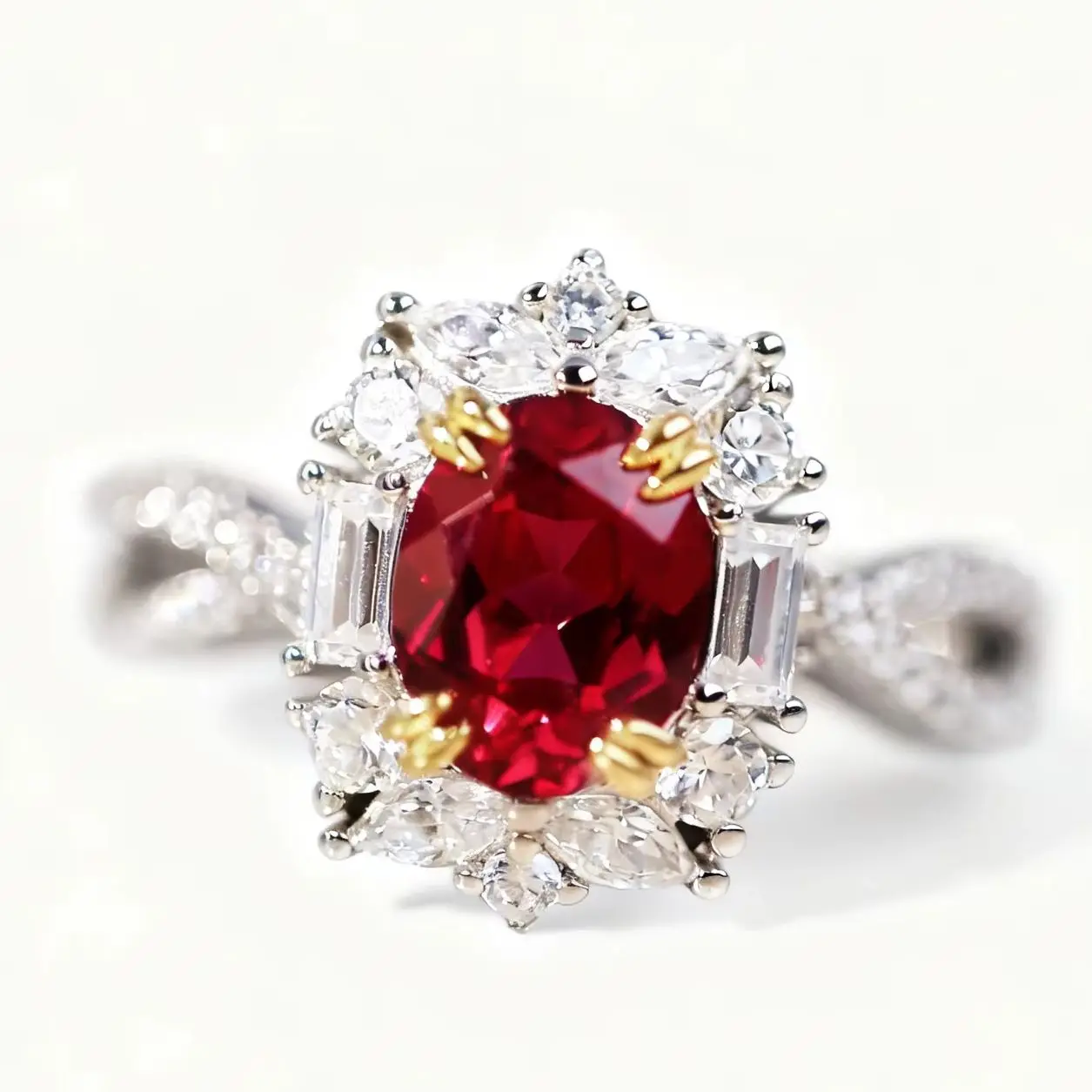 

Thick Rhodium Plated 925 Sterling Silver With Oval Lab-Grown Ruby Ring Simulated Diamond Elegant Design Gift For Christmas