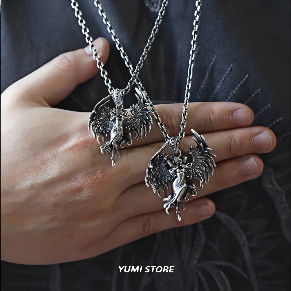 Vintage Fallen Angel Pendant Necklace for Man Woman Original Design Non Fading Titanium Sweater Chain Punk Jewelry Gift