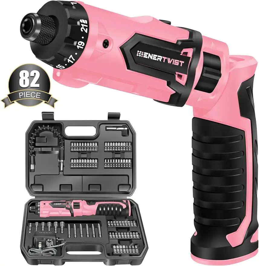 

Electric Screwdriver 8V Max 10Nm Pink Cordless Screwdriver Rechargeable Set with 82 Accessory Kit and Charger