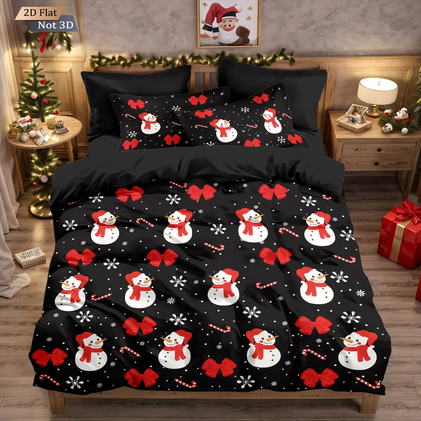 3pcs Christmas snowman printed black coreless bedding comfortable multi size bedroom dormitory duvet covers, machine washable