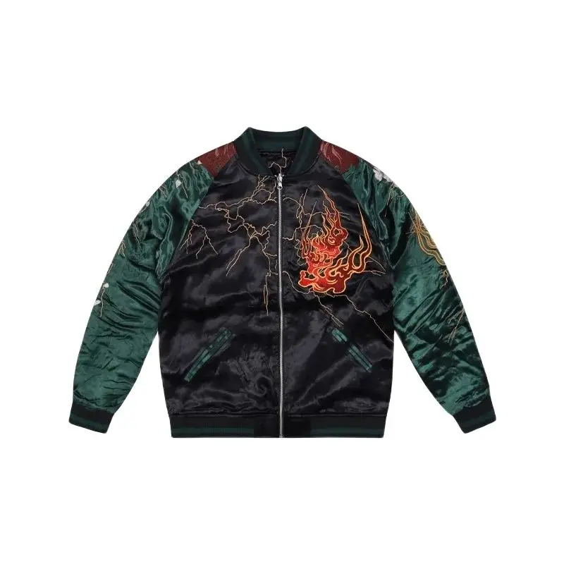 Green Black Men Boys Reversible double-sided High Street Streetwear Vintage Sakura Fire Embroidered Sukajan Souvenir Jacket