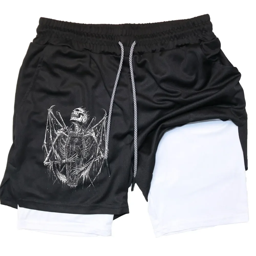 

Men's Sports Shorts Fast-Drying Gym Skeleton Print Double-Layer Shorts Fitness Training Running Muscle-Building Athletic Wear